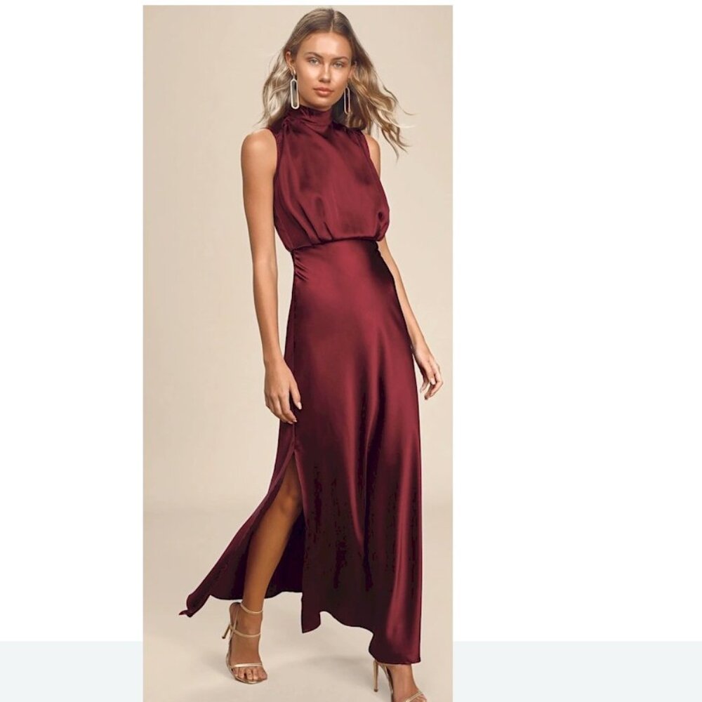Lulu's Burgundy Satin High-Neck Maxi Dress
